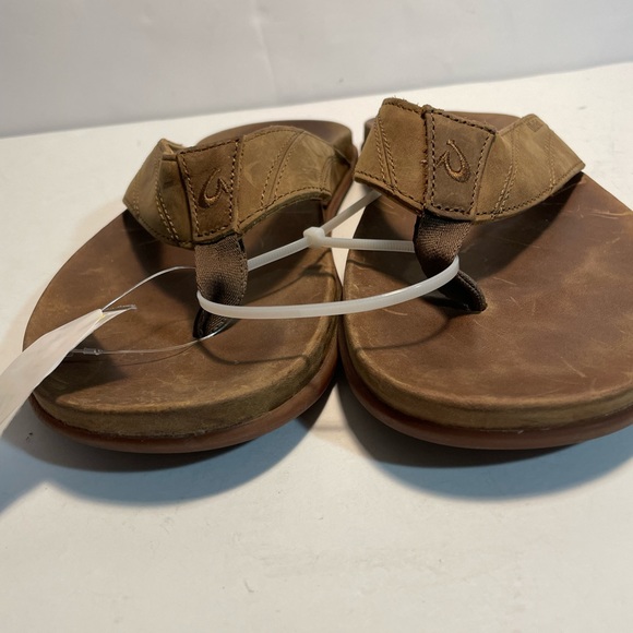 Sold OluKai Men’s Pikoi Leather Flip Flops Sandals Ray Brown Size 8 US $100 NEW - Picture 2 of 13